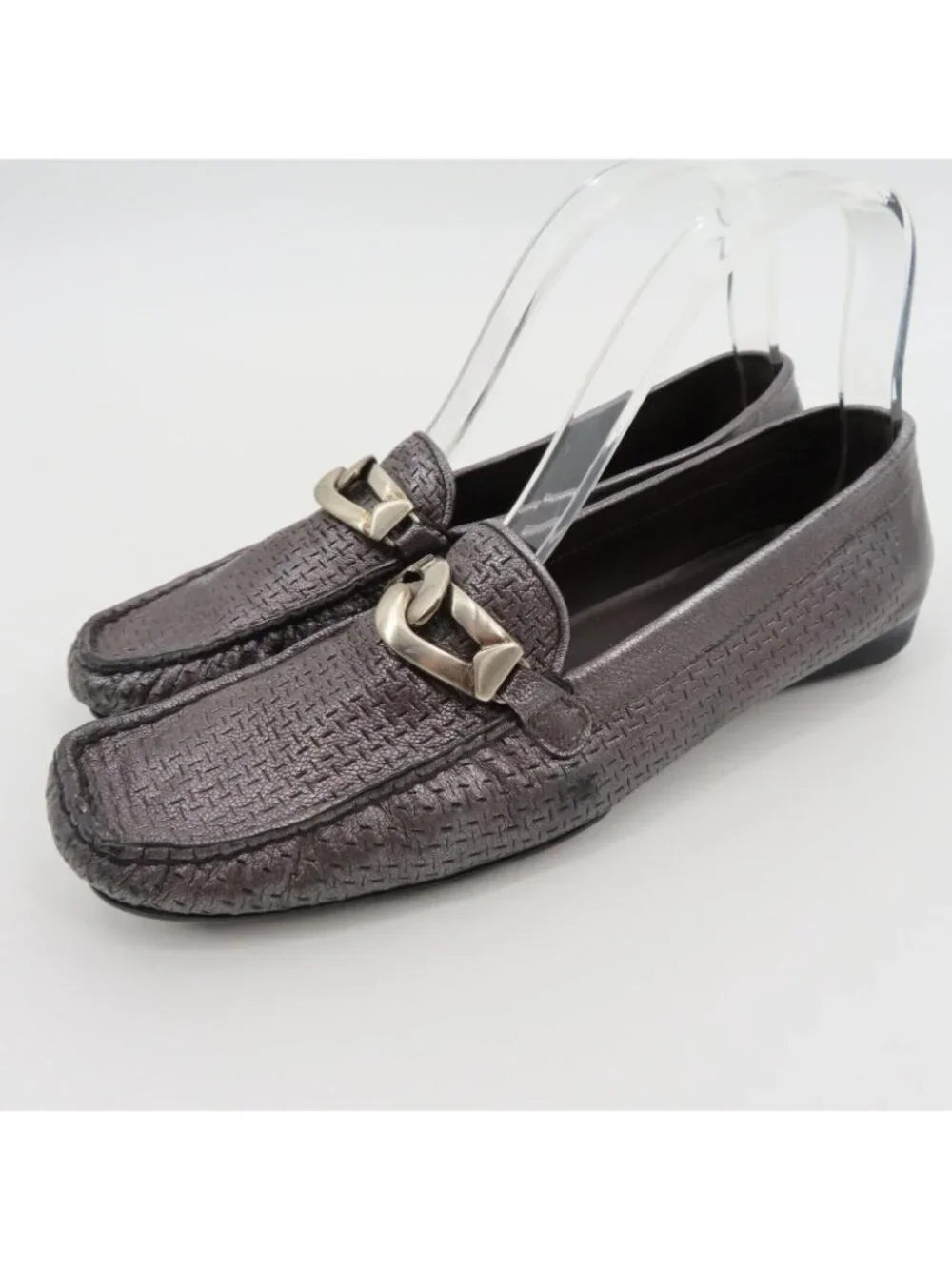 Stuart Weitzman 9.5 SS Pewter Silver Textured Chain Square Toe Loafers Flats